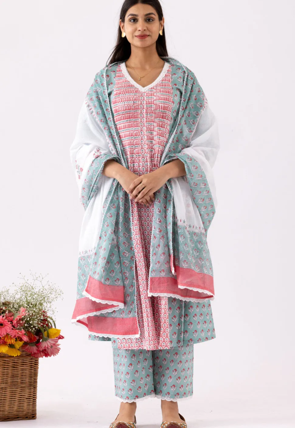 Printed Cotton Cambric Aline Suit in Red and Blue