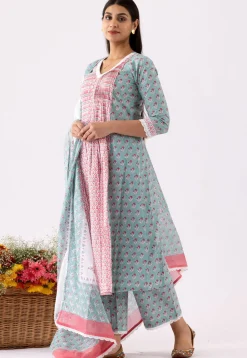 Printed Cotton Cambric Aline Suit in Red and Blue