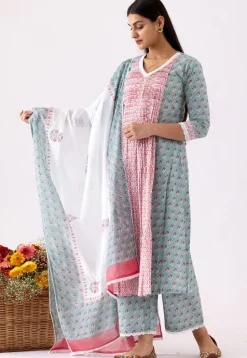 Printed Cotton Cambric Aline Suit in Red and Blue