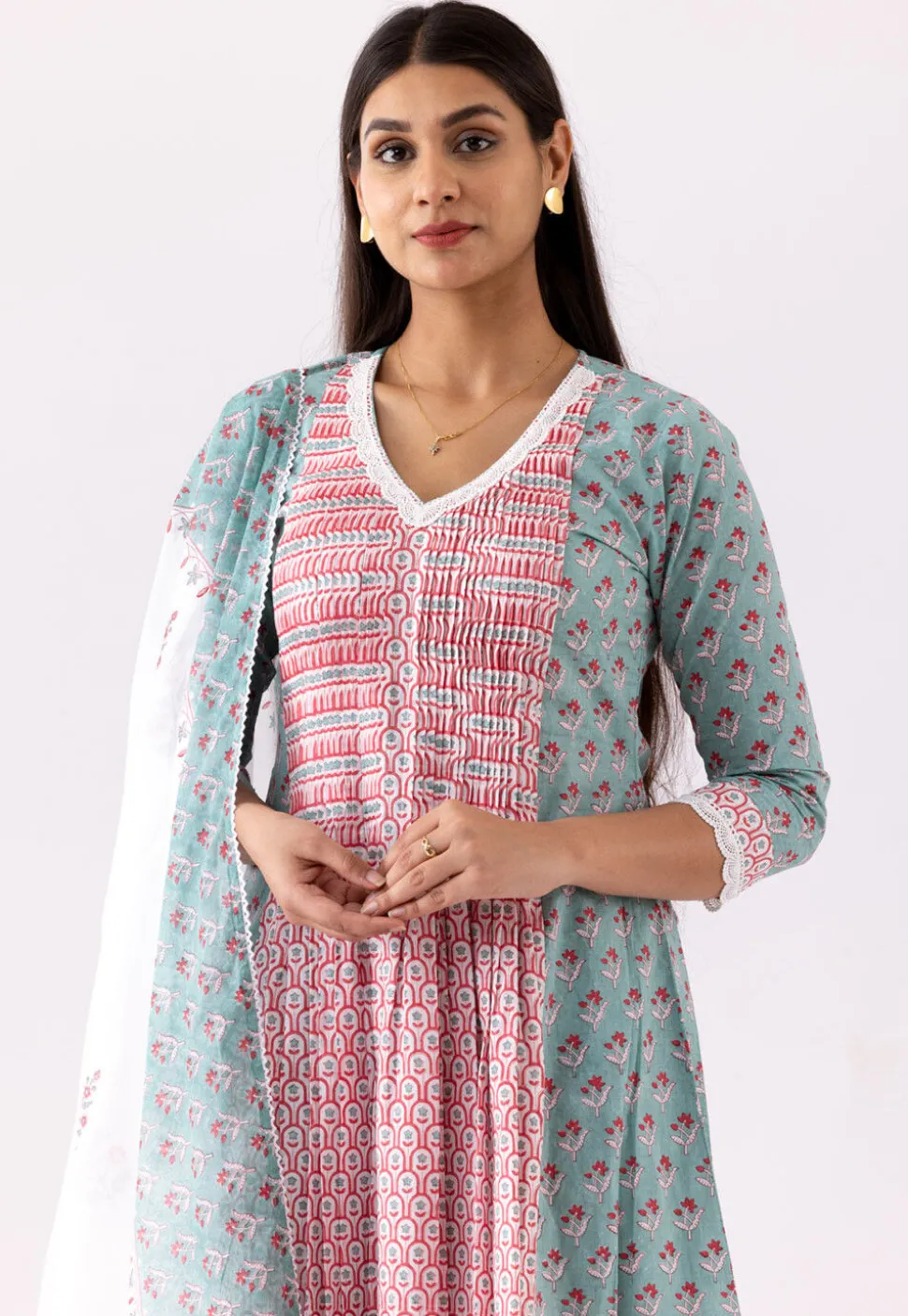 Printed Cotton Cambric Aline Suit in Red and Blue