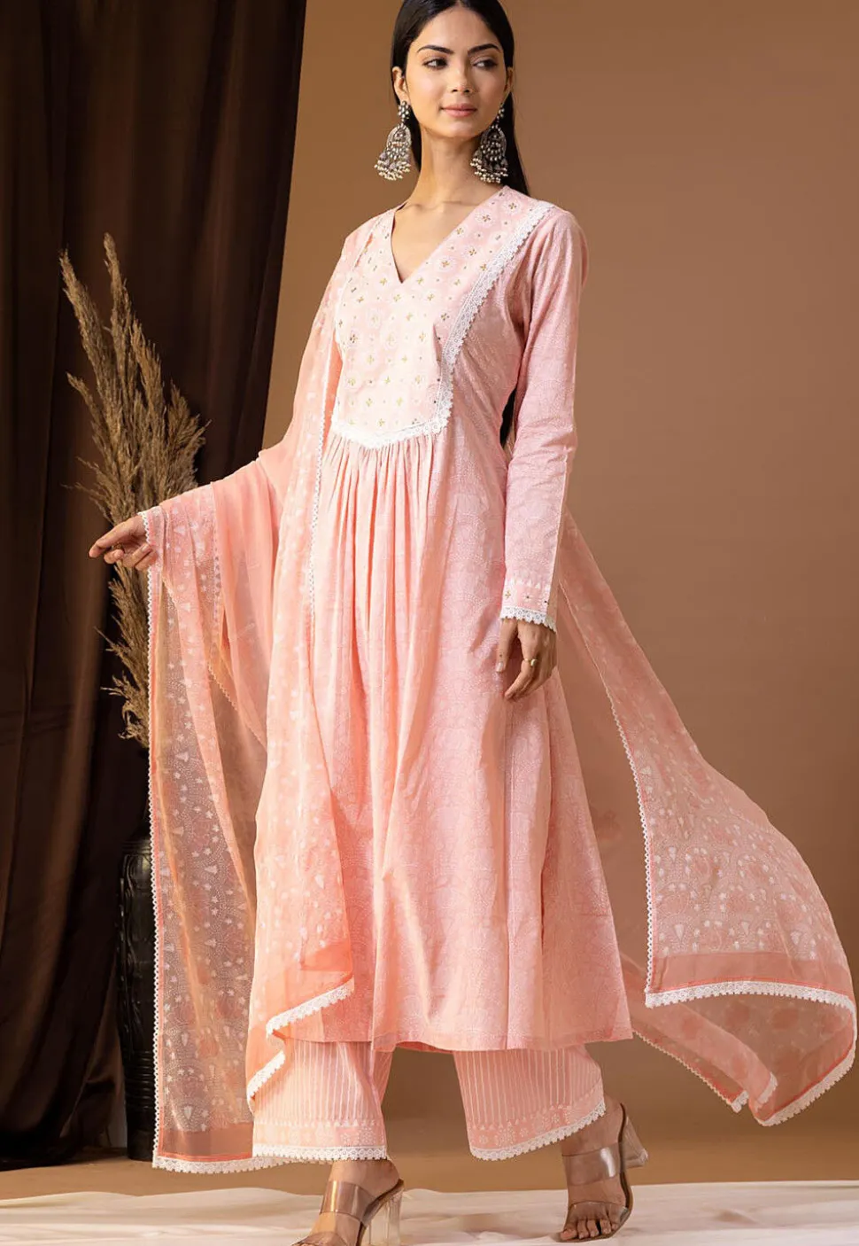 Printed Cotton Cambric Aline Suit in Light Peach