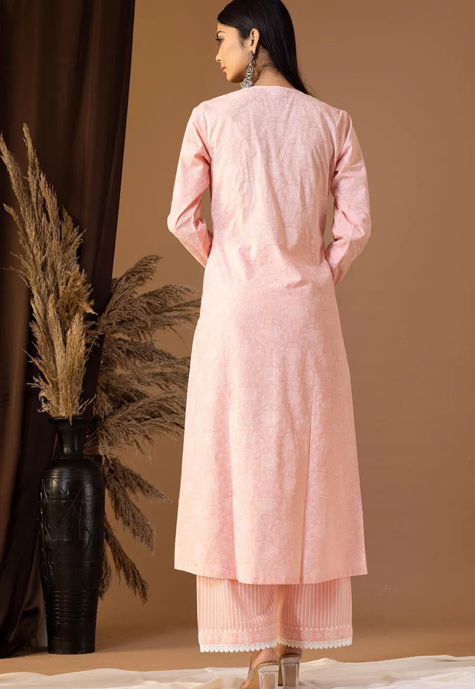 Printed Cotton Cambric Aline Suit in Light Peach