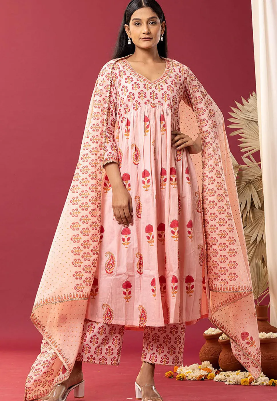 Printed Cotton Cambric Aline Suit in Light Peach