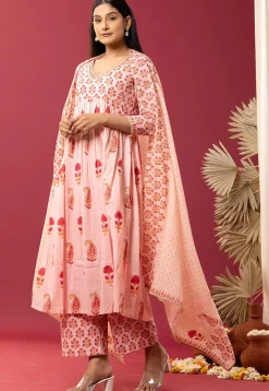 Printed Cotton Cambric Aline Suit in Light Peach