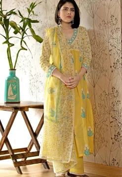 Printed Cotton Cambric Aline Suit in Yellow
