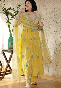Printed Cotton Cambric Aline Suit in Yellow