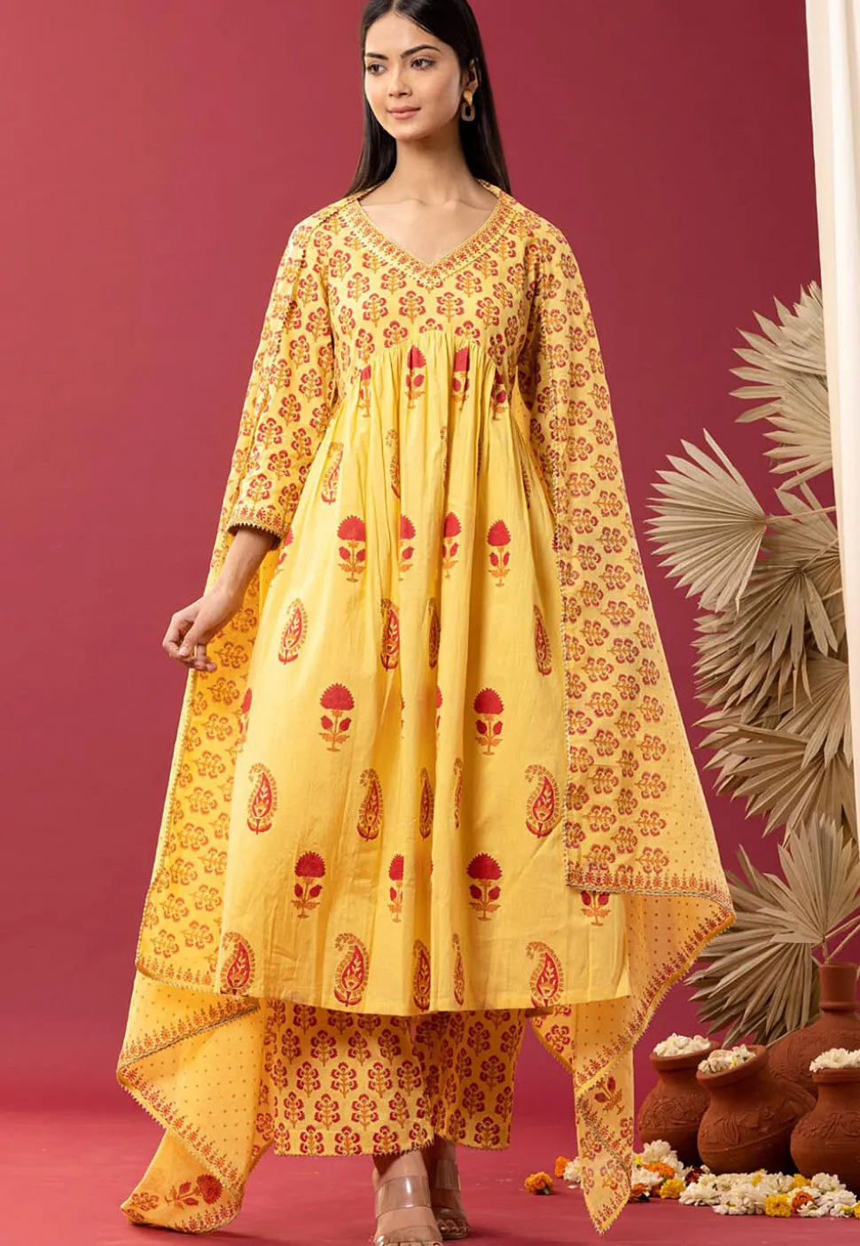 Printed Cotton Cambric Aline Suit in Yellow