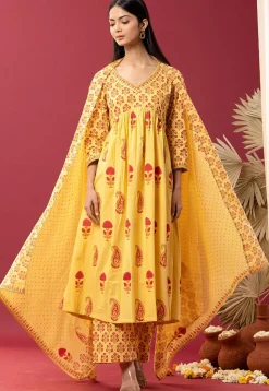 Printed Cotton Cambric Aline Suit in Yellow