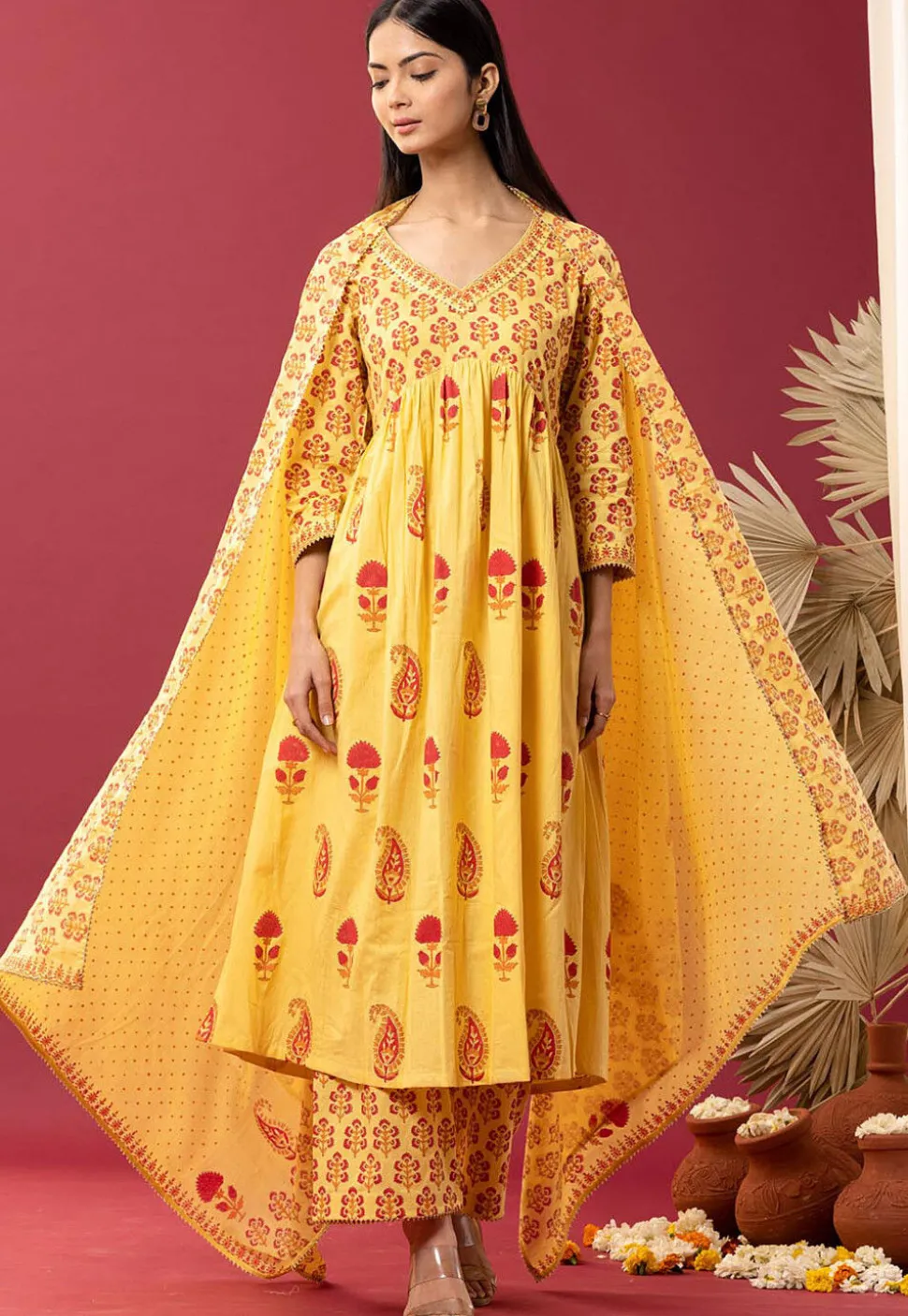 Printed Cotton Cambric Aline Suit in Yellow