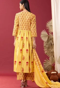 Printed Cotton Cambric Aline Suit in Yellow