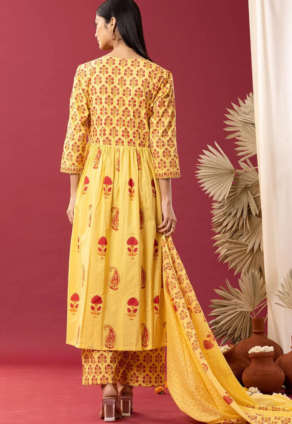 Printed Cotton Cambric Aline Suit in Yellow