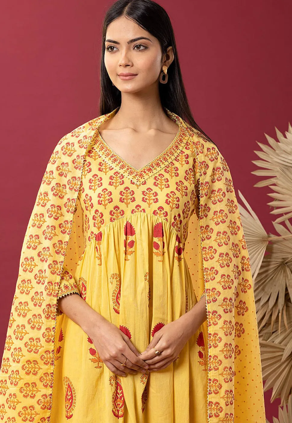 Printed Cotton Cambric Aline Suit in Yellow