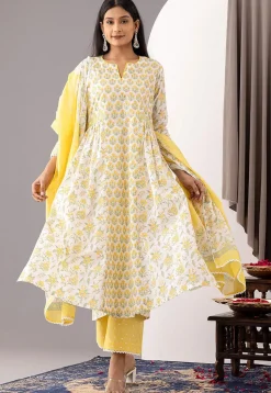 Printed Cotton Cambric Aline Suit in White and Yellow