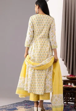 Printed Cotton Cambric Aline Suit in White and Yellow