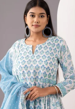 Printed Cotton Cambric Aline Suit in White and Blue