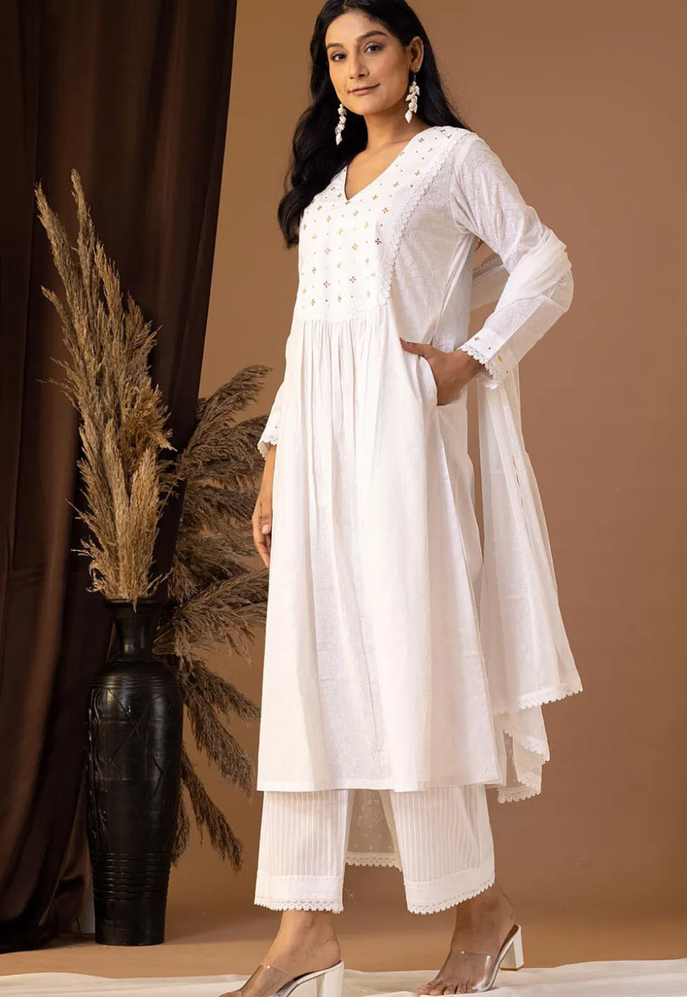 Printed Cotton Cambric Aline Suit in White