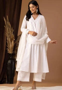 Printed Cotton Cambric Aline Suit in White