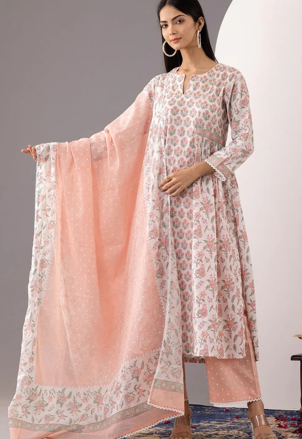 Printed Cotton Cambric Aline Suit in White and Peach