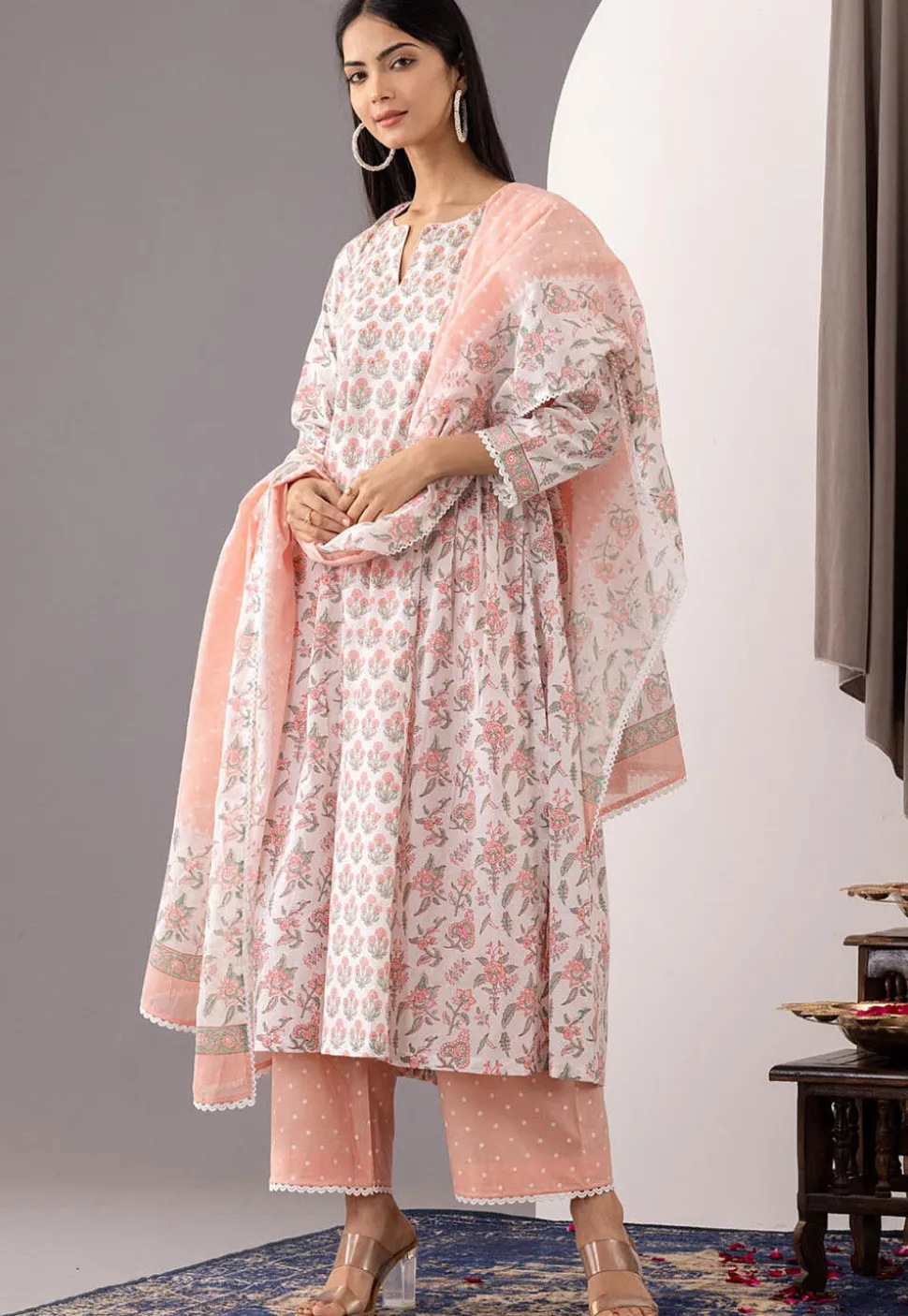Printed Cotton Cambric Aline Suit in White and Peach