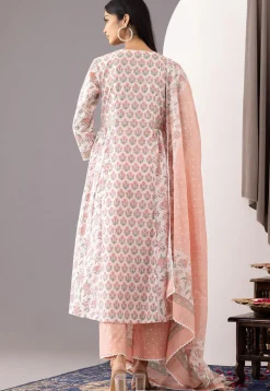 Printed Cotton Cambric Aline Suit in White and Peach