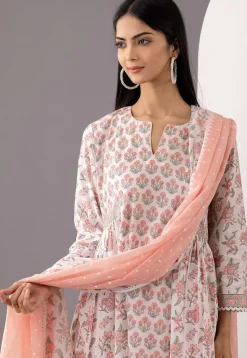 Printed Cotton Cambric Aline Suit in White and Peach
