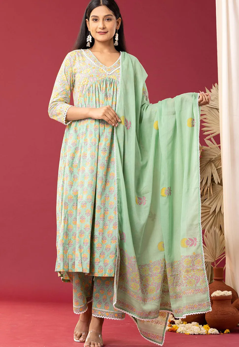 Printed Cotton Cambric Aline Suit in Light Green