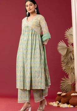 Printed Cotton Cambric Aline Suit in Light Green