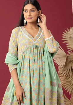Printed Cotton Cambric Aline Suit in Light Green