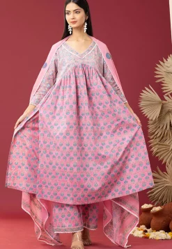 Printed Cotton Cambric Aline Suit in Pink
