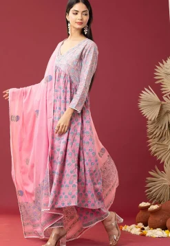 Printed Cotton Cambric Aline Suit in Pink