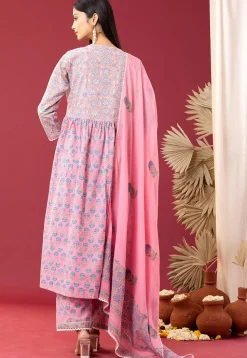 Printed Cotton Cambric Aline Suit in Pink