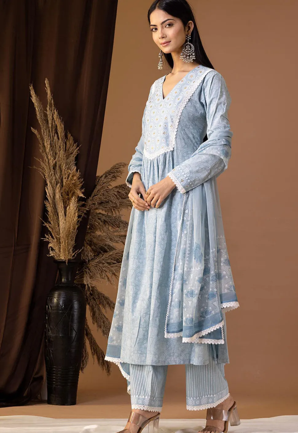 Printed Cotton Cambric Aline Suit in Sky Blue