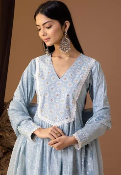Printed Cotton Cambric Aline Suit in Sky Blue