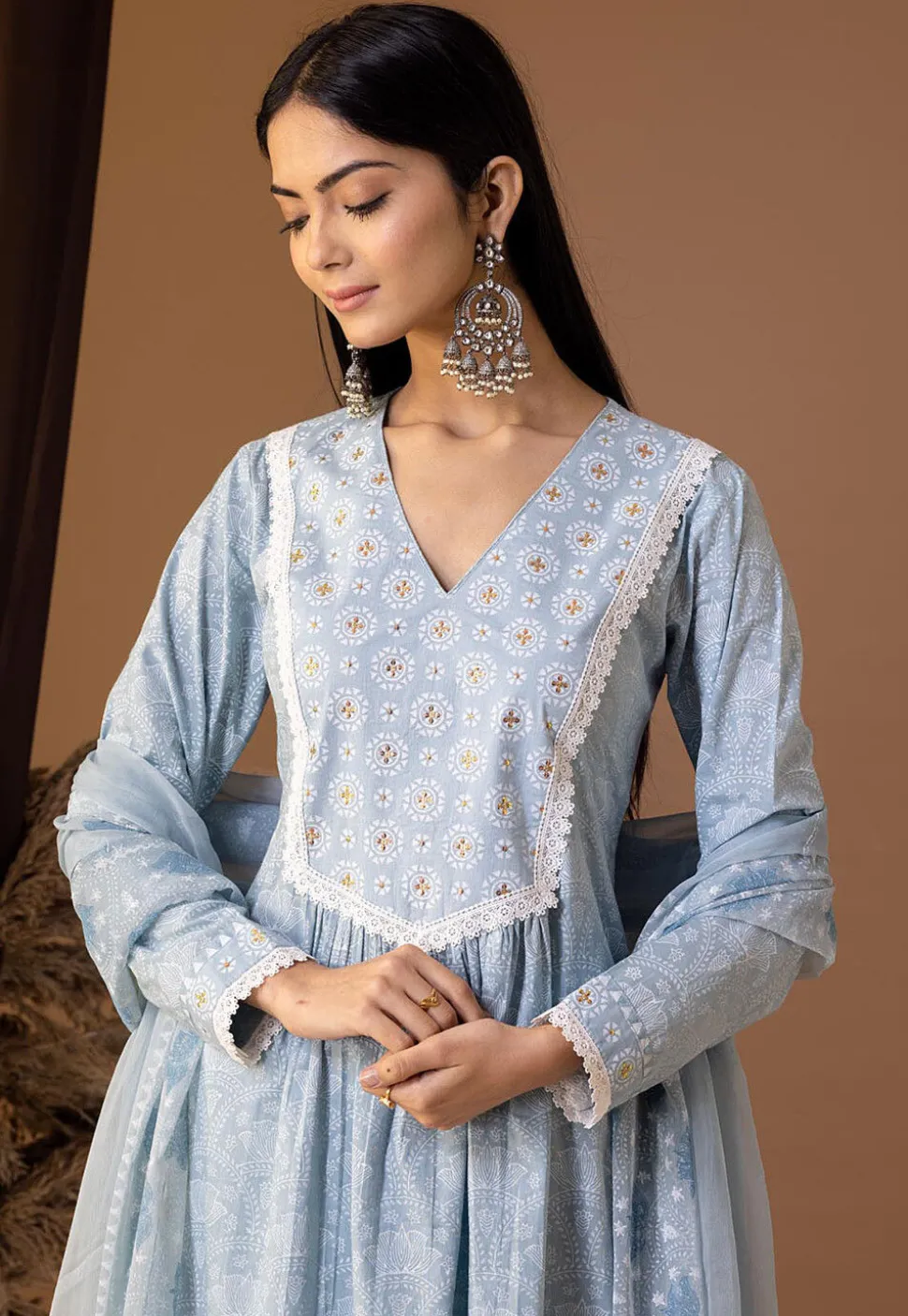 Printed Cotton Cambric Aline Suit in Sky Blue