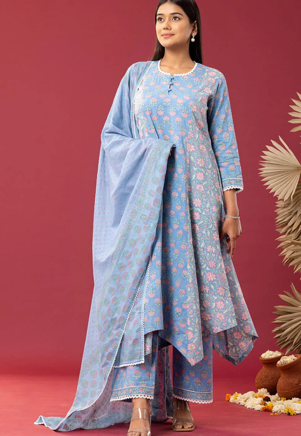 Printed Cotton Cambric Aline Suit in Sky Blue