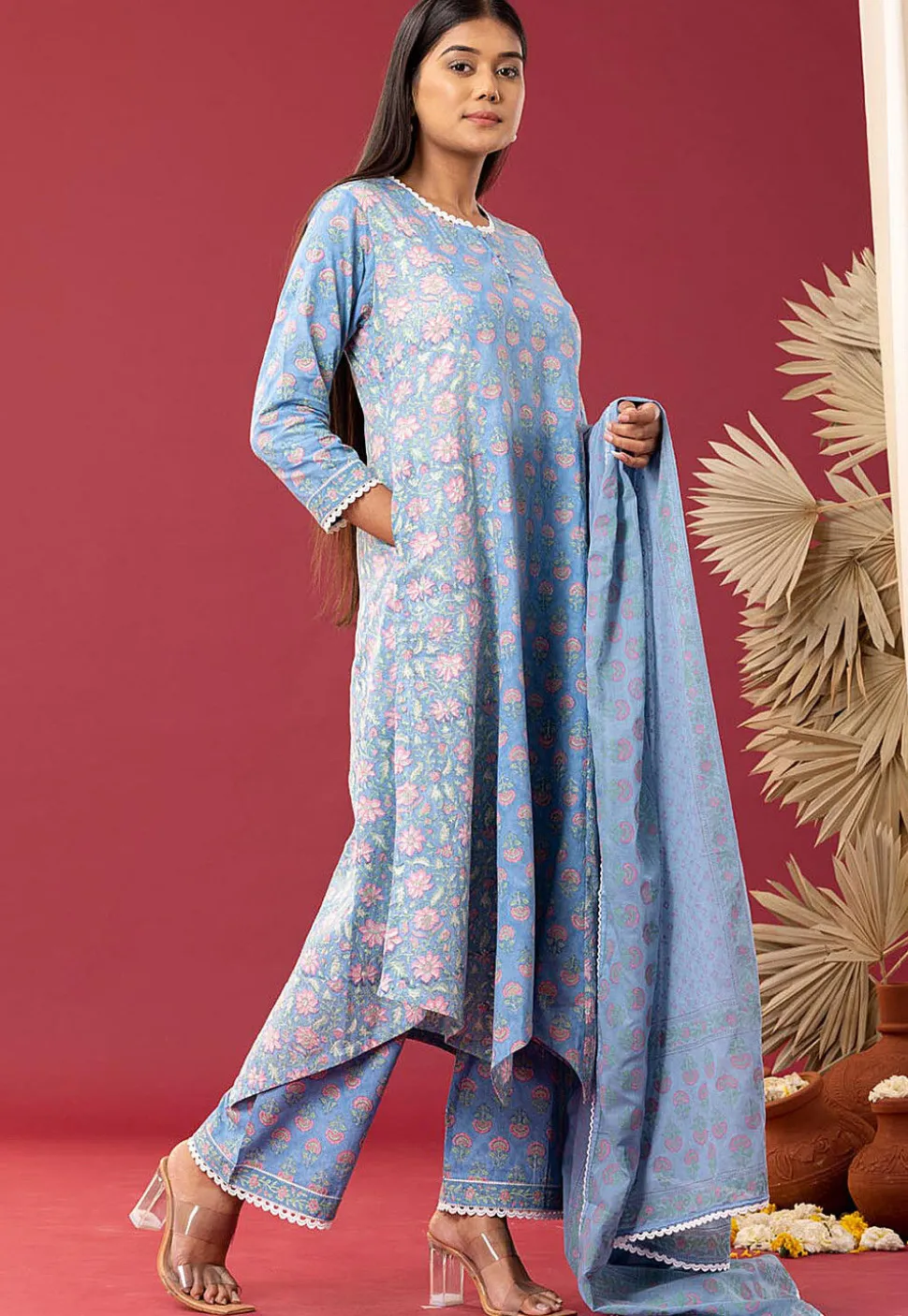 Printed Cotton Cambric Aline Suit in Sky Blue