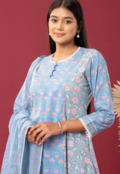 Printed Cotton Cambric Aline Suit in Sky Blue