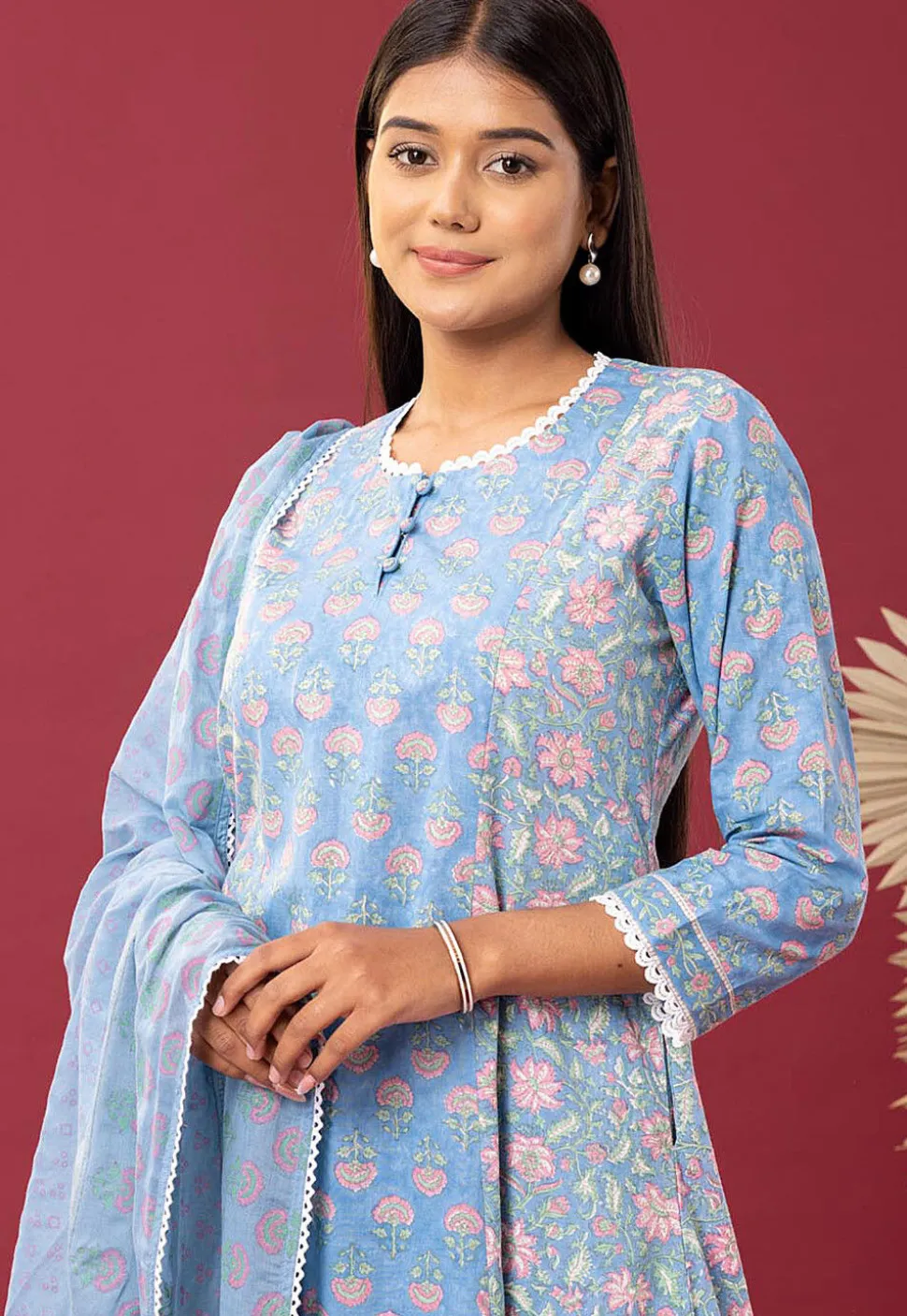 Printed Cotton Cambric Aline Suit in Sky Blue