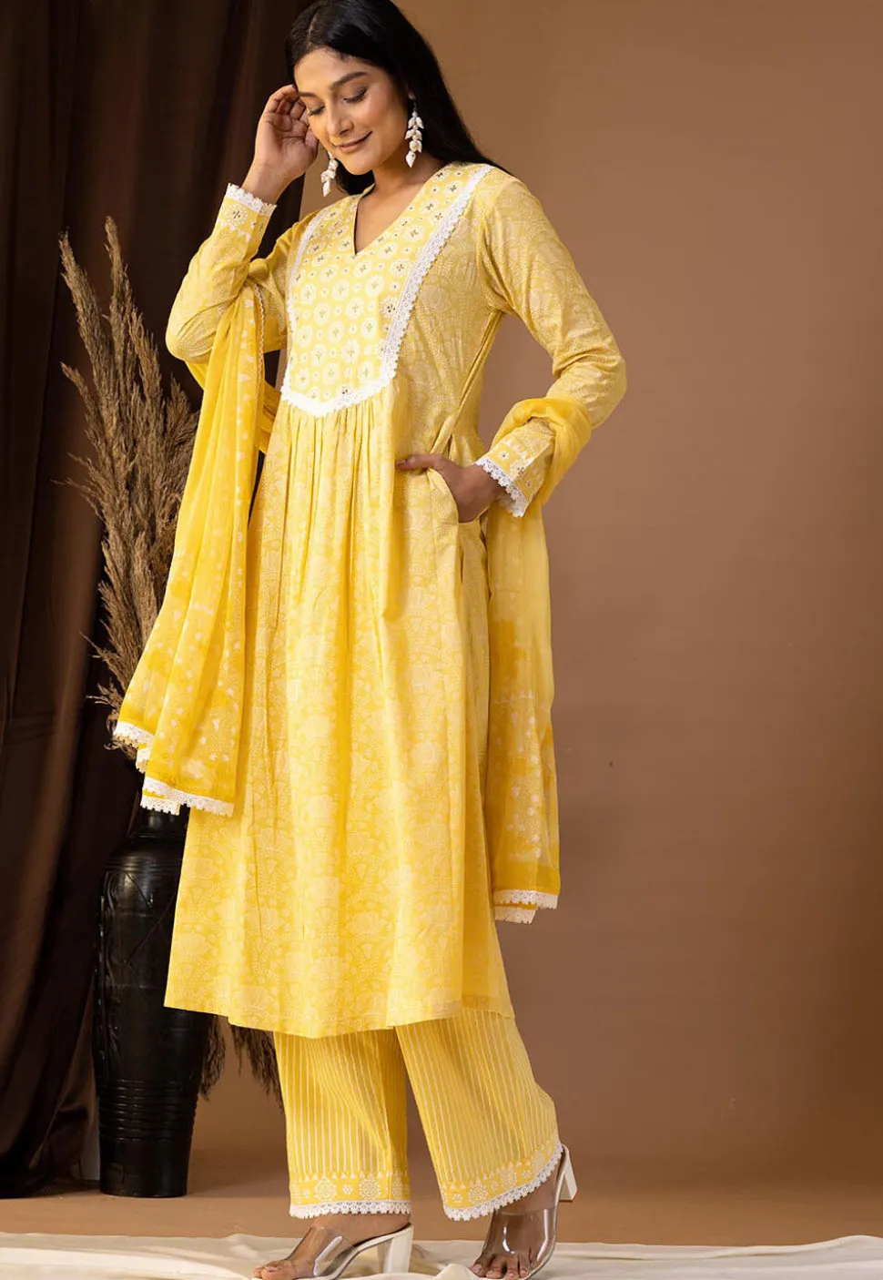 Printed Cotton Cambric Aline Suit in Yellow