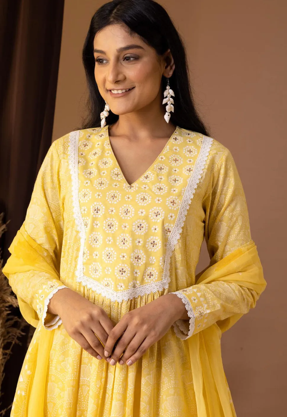 Printed Cotton Cambric Aline Suit in Yellow