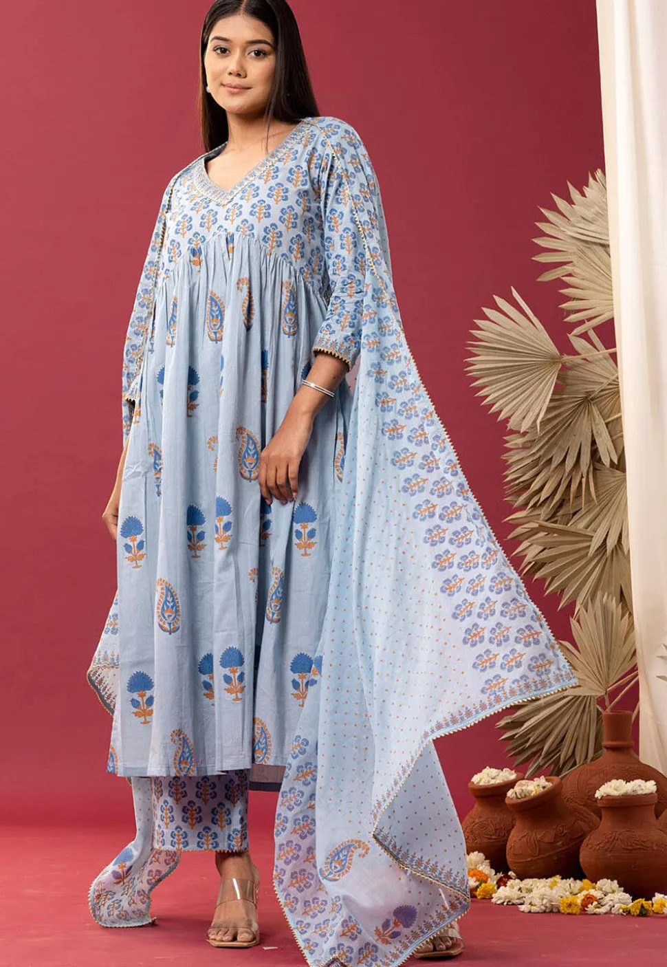 Printed Cotton Cambric Aline Suit in Sky Blue