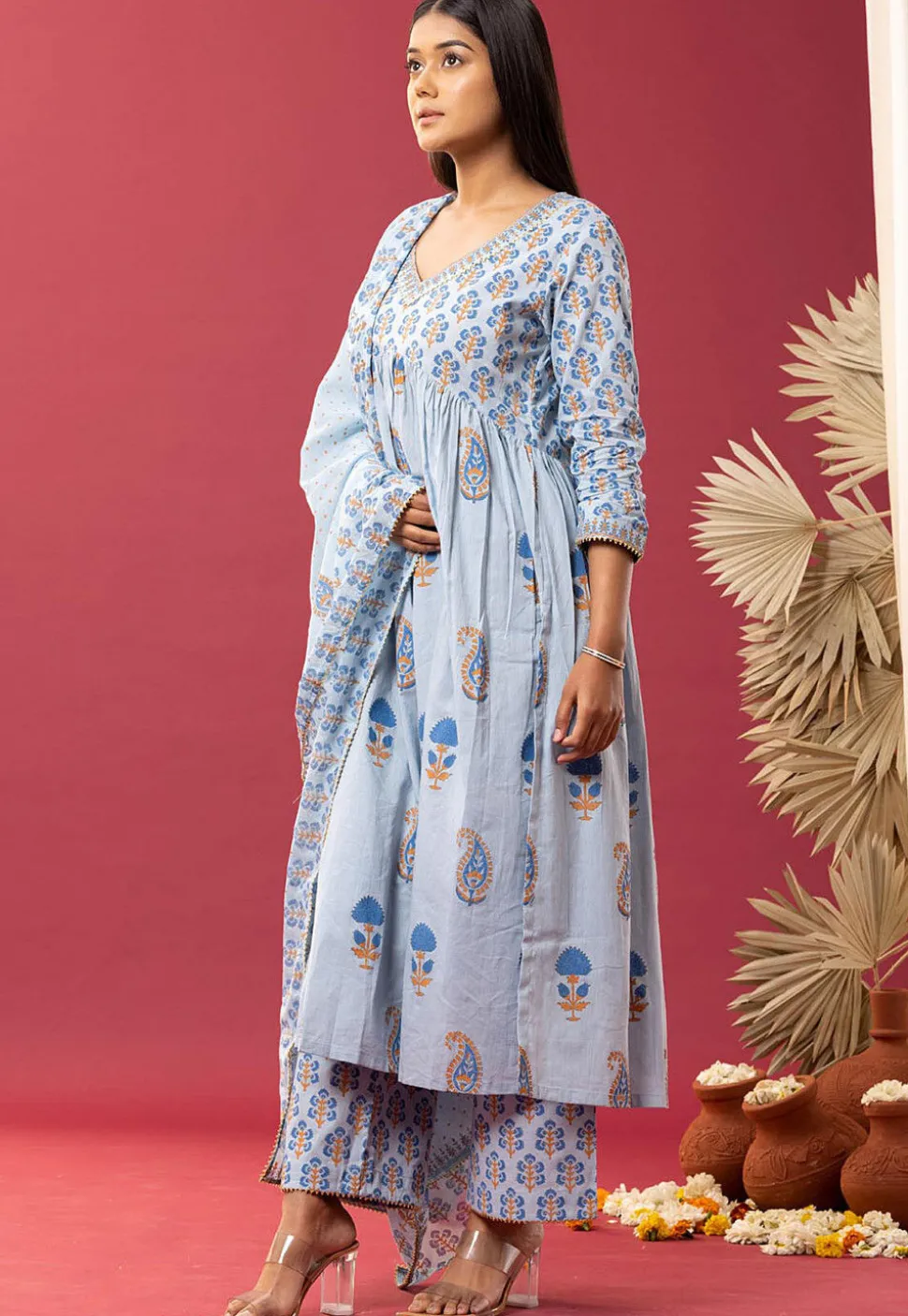 Printed Cotton Cambric Aline Suit in Sky Blue