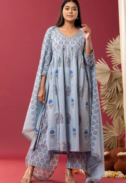Printed Cotton Cambric Aline Suit in Sky Blue