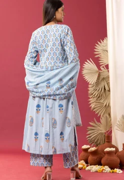 Printed Cotton Cambric Aline Suit in Sky Blue