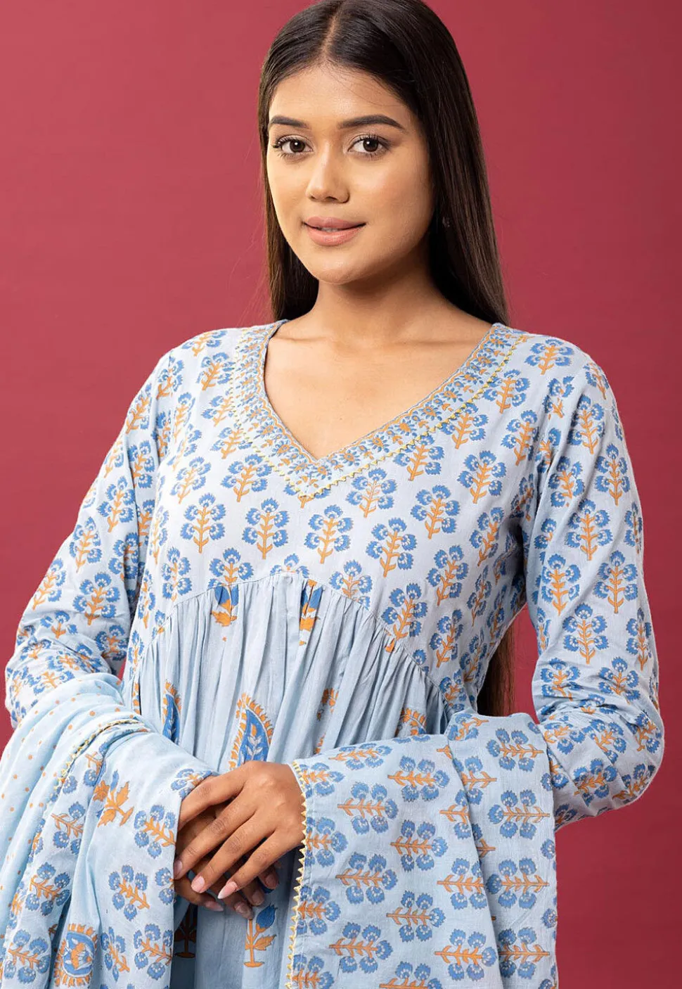 Printed Cotton Cambric Aline Suit in Sky Blue