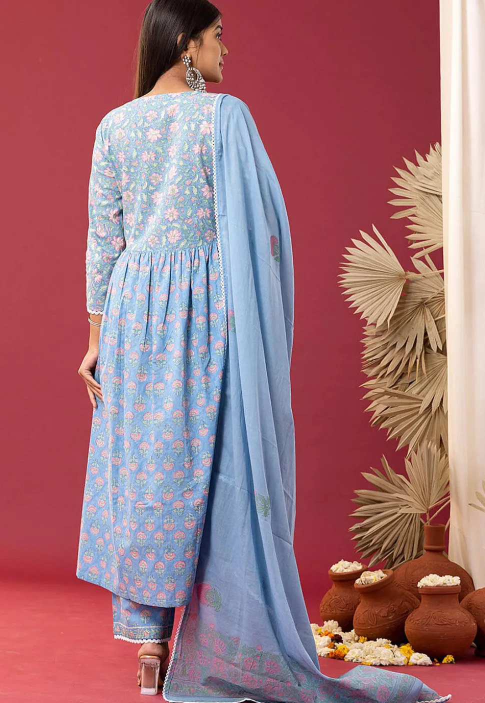 Printed Cotton Cambric Aline Suit in Sky Blue