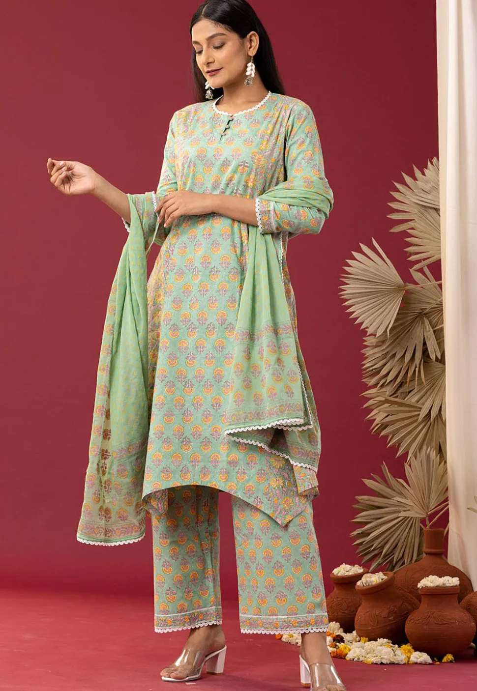 Printed Cotton Cambric Aline Suit in Light Green