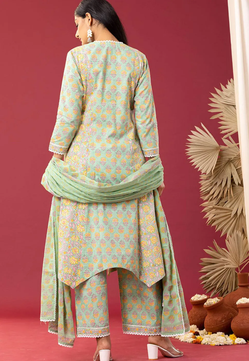 Printed Cotton Cambric Aline Suit in Light Green