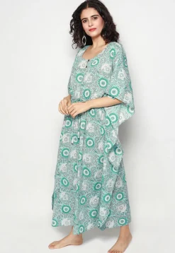 Printed Cotton Clinched Waist Maxi Kaftan in Sea Green