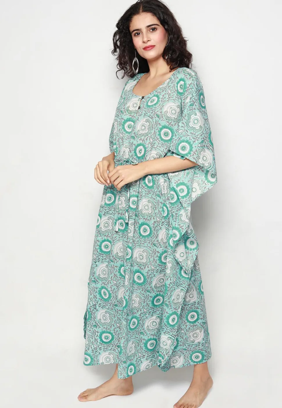 Printed Cotton Clinched Waist Maxi Kaftan in Sea Green
